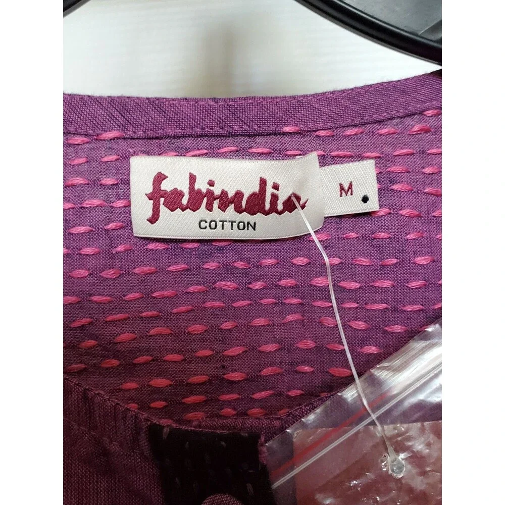 New Fabindia Purple eggplant woven Print Cotton Gota trim Tunic Top shirt sz M